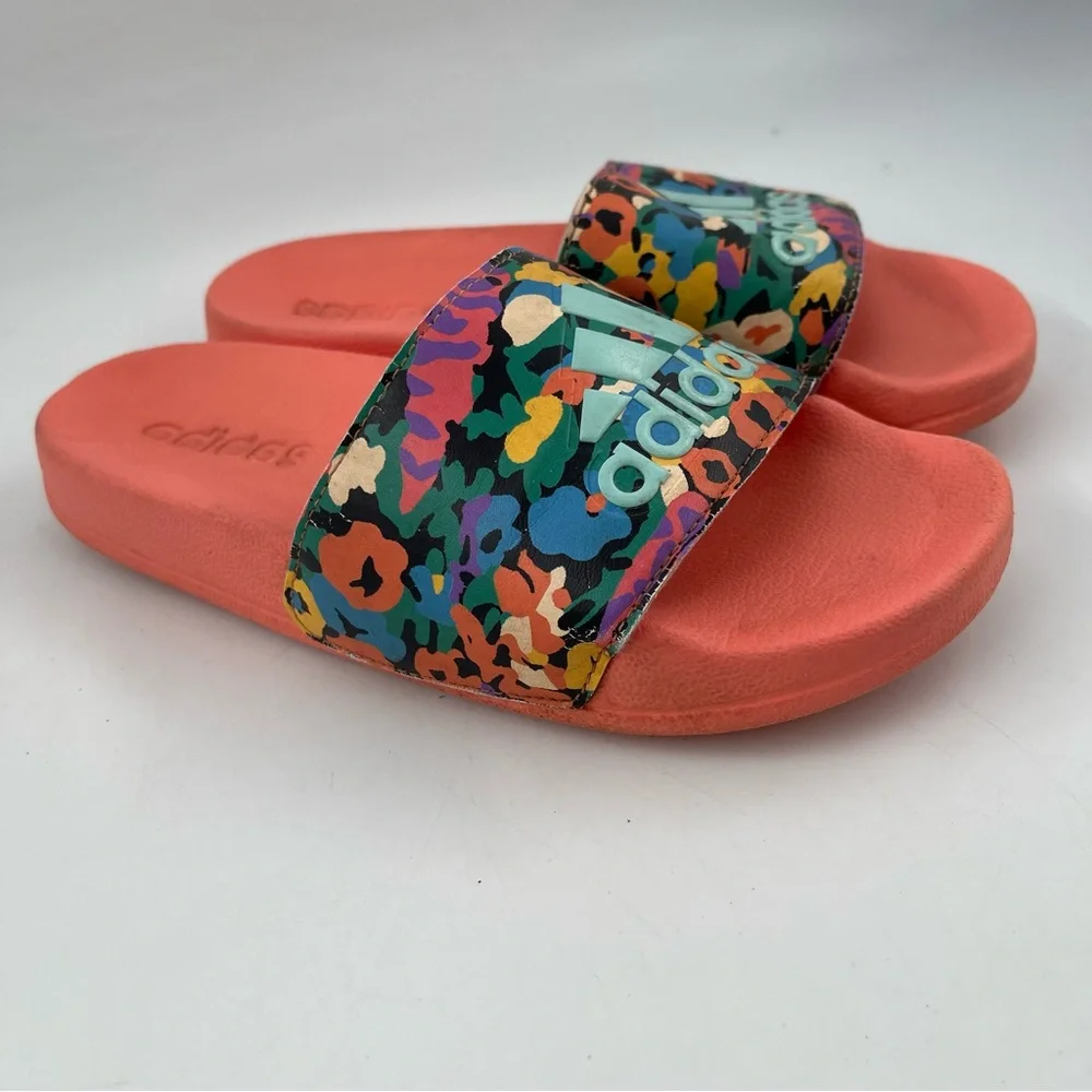 Adidas Kids Adilette Orange & Floral - SZ 3Y - Shower/Pool Slip-On Slide Sandal